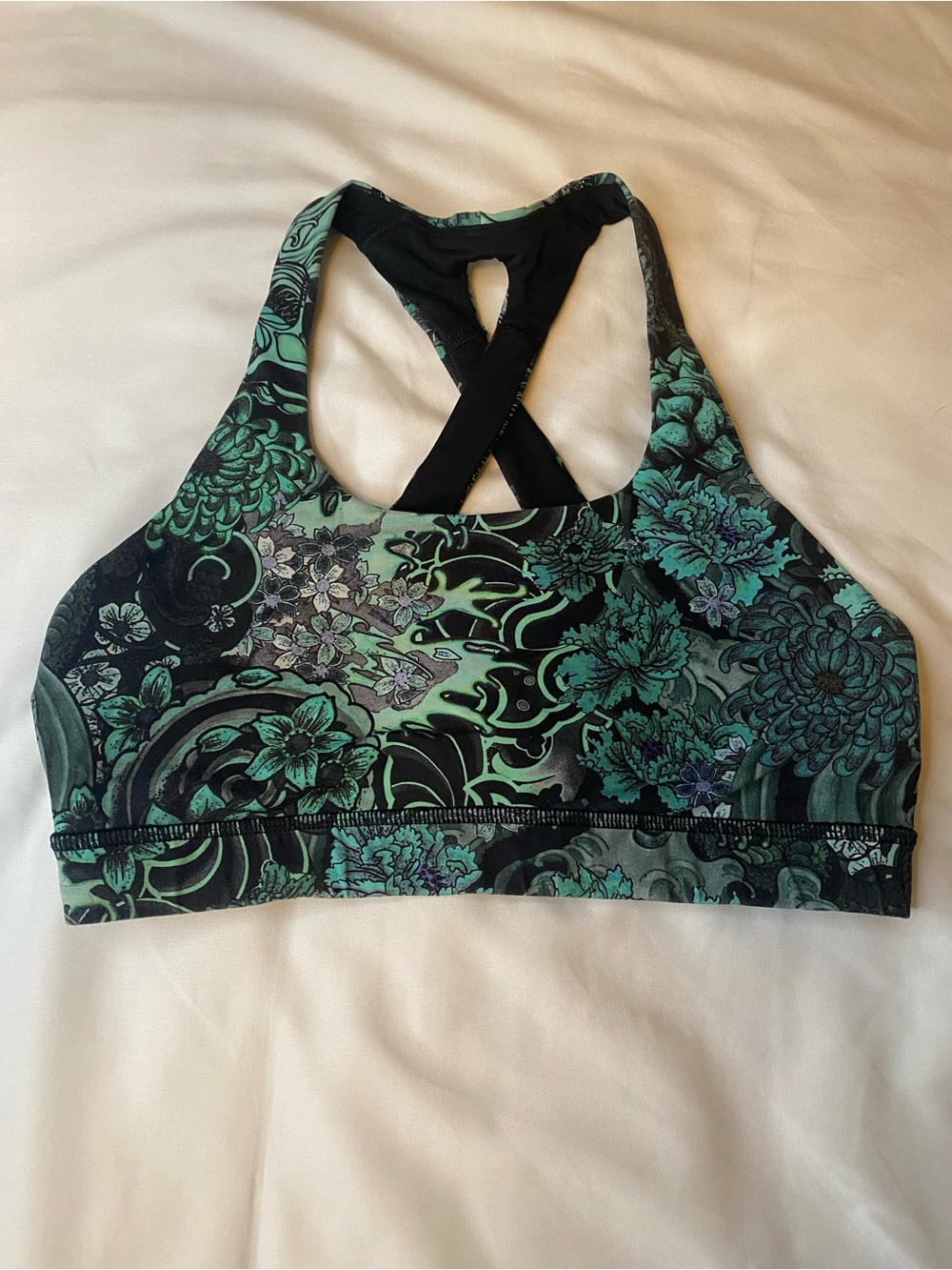 lululemo Black and Teal Floral Racerback Sports Bra